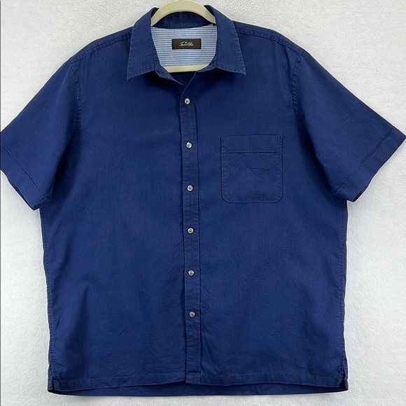 Tasso Elba Men’s Linen Shirt Sz XL Navy 55% Linen 45% Cotton Short Sleeves EUC - Picture 1 of 11